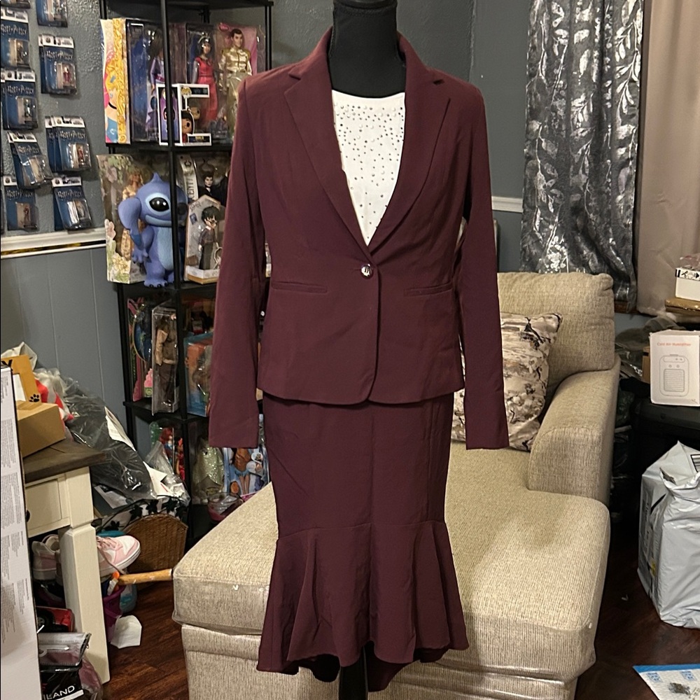 7Avenue New York & Company Women's Burgundy Blazer and Skirt Set plus Shirt